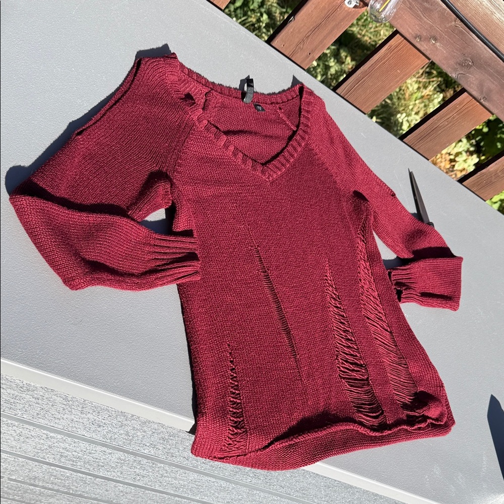 Guess VneckElegant Burgundy Women's distressed knit peek a boo shoulder Sweater